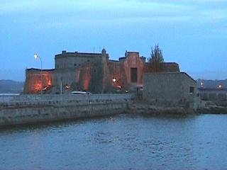 A night shot of the bay side castle of St. Anton